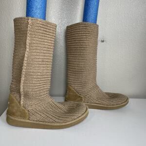 UGG Australia Boots Womens 9 Brown Knit Cardy Crochet Sheepskin Tan 5817